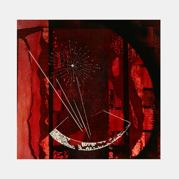 Peinture abstraite rouge et noire en rectangle, motif pissenlit en lignes blanches et demi-lune.