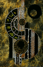 Œuvre originale : animal stylisé en mosaïque de perles, motifs noir et or, relief