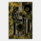 Tableau abstrait aux motifs floraux, visage en mosaïque de points noir et or