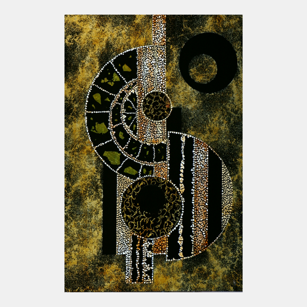 Tableau abstrait aux motifs floraux, visage en mosaïque de points noir et or
