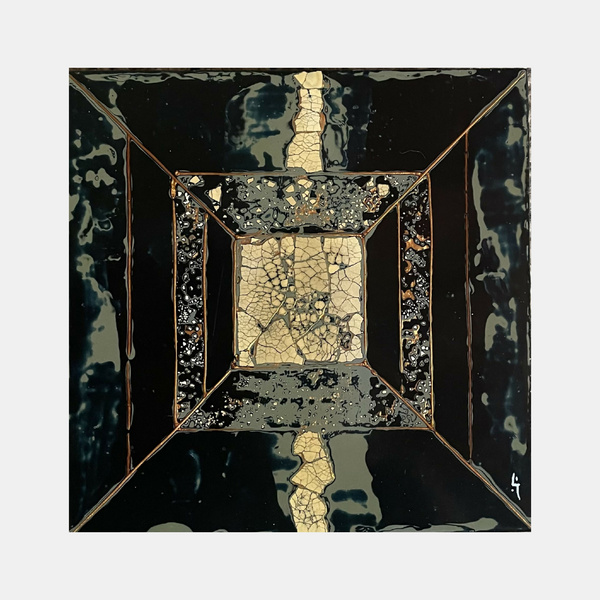 Tableau abstrait encadré, motif géométrique noir et doré