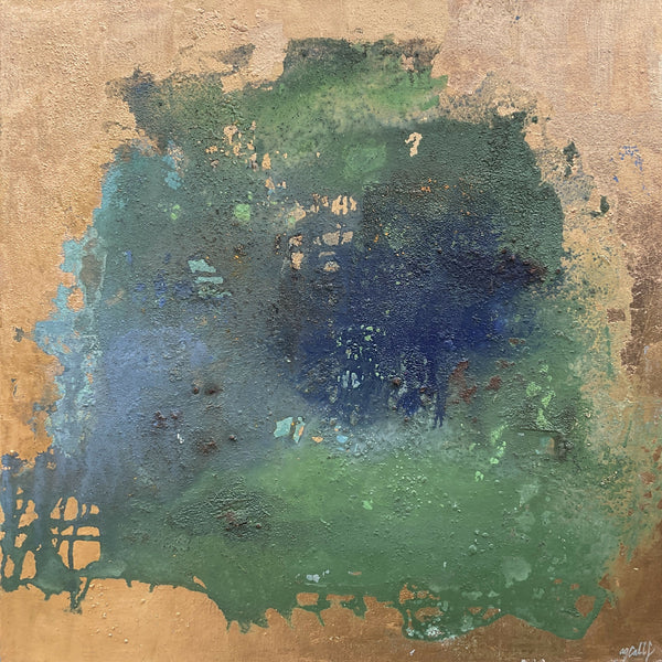 Peinture MELEZE abstraite à texture, bleu foncé et vert, touches ocre.