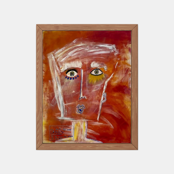 Peinture encadrée : visage abstrait, yeux bleus et jaunes, fond rouge orangé.
