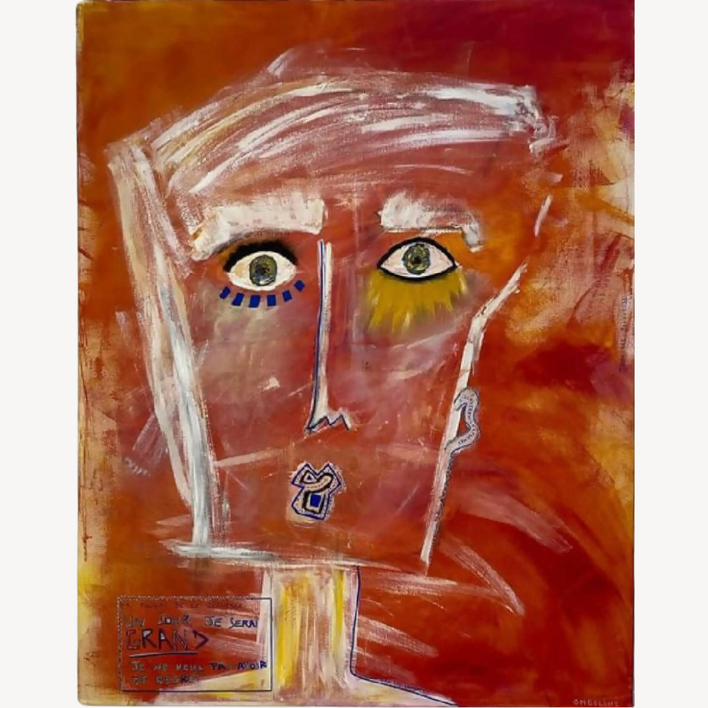Peinture : visage abstrait aux yeux bleus et jaunes, cheveux blancs, fond rouge.