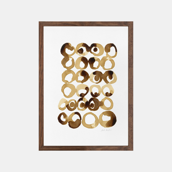 Tableau encadré sur papier coton, motifs abstraits en cercles café.