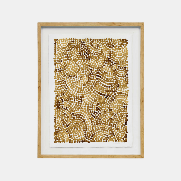 Peinture abstraite encadrée, points café sur papier coton blanc.