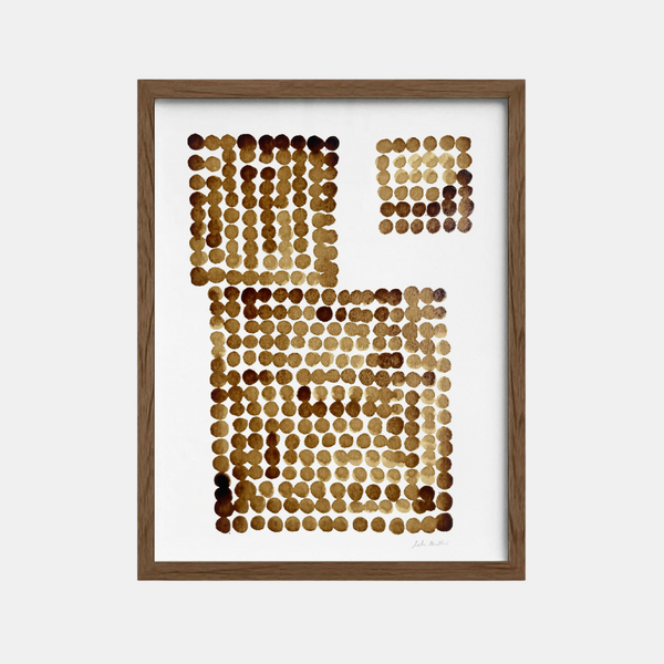 Peinture carrée en points de café sur papier coton, encadrée bois brun clair