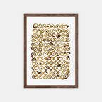 Peinture au café encadrée de bois, motifs de cercles brun et beige façon yeux