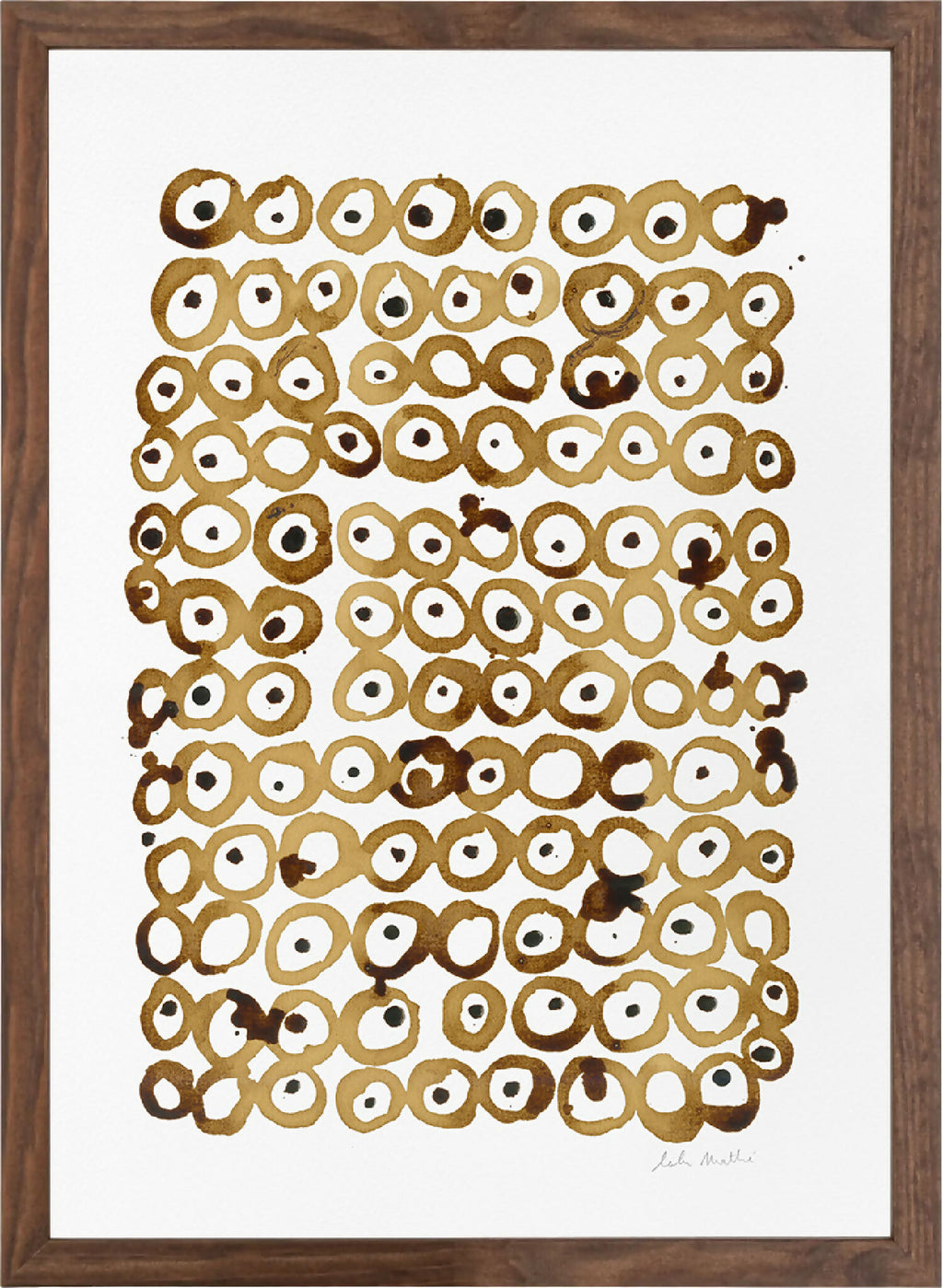 Peinture au café encadrée, gros plan de motifs circulaires brun, beige et blanc