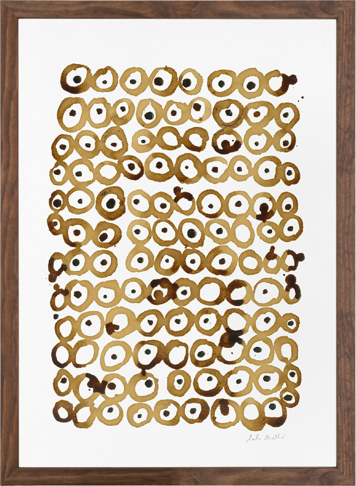 Peinture au café encadrée, gros plan de motifs circulaires brun, beige et blanc