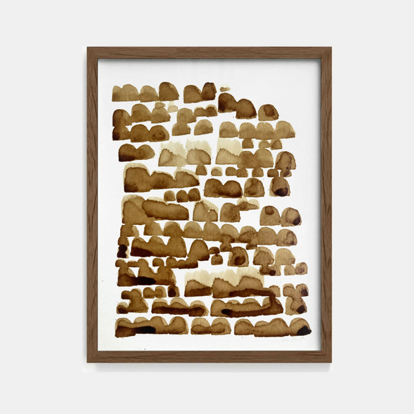 Peinture abstraite encadrée, motifs de taches brun café sur papier coton.