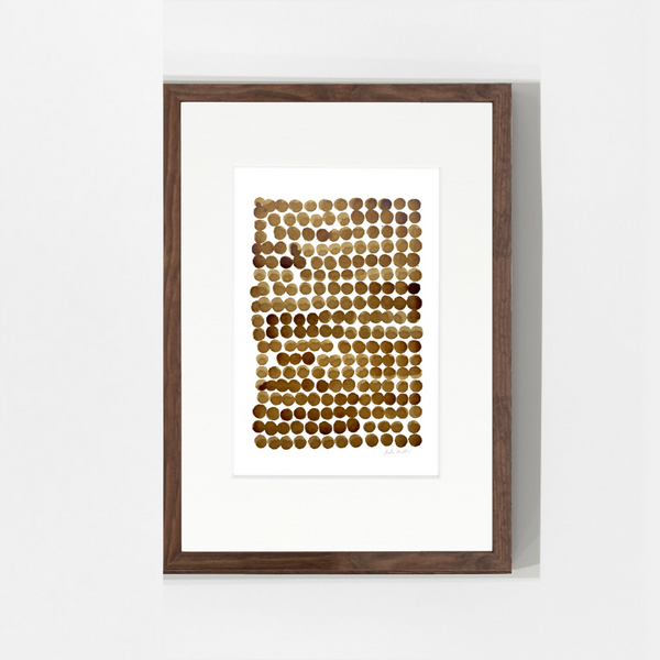 Peinture encadrée « Bulles 2 » : grille de cercles bruns au café sur papier coton.
