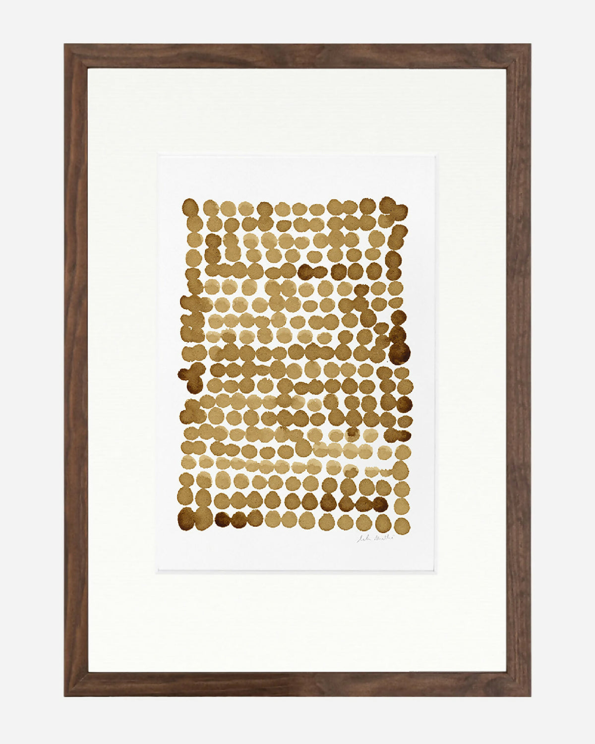 Tableau encadré, détail du motif de points brun café sur papier clair