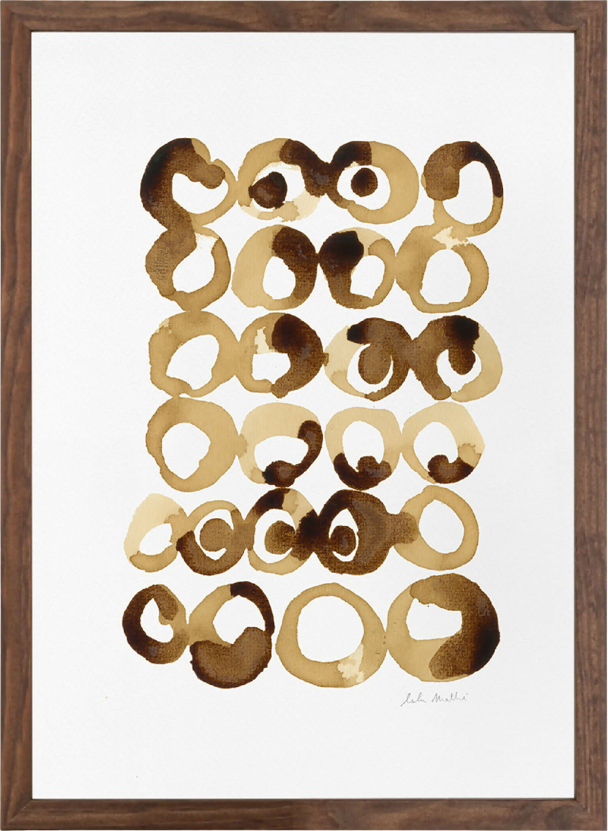 Tableau encadré, motifs de cercles abstraits brun et beige sur papier.