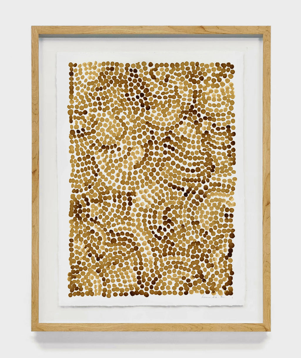 Peinture abstraite encadrée, motif de points café sur papier coton, grand format.