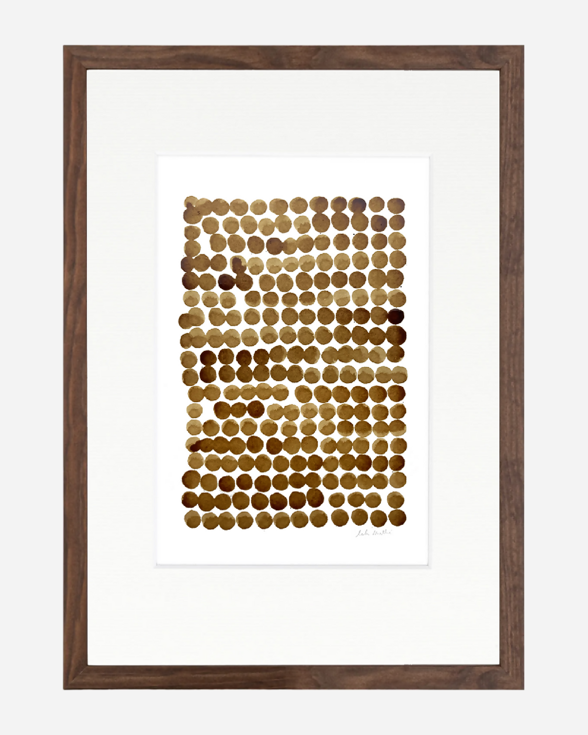 Peinture encadrée « Bulles 2 » : grille de bulles au café sur papier coton, points bruns.