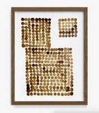 Peinture carrée abstraite en café, motifs en cercles sur papier coton, cadre brun
