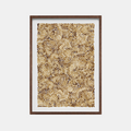 Tableau encadré en peinture au café, motif de points ocre sur fond clair.