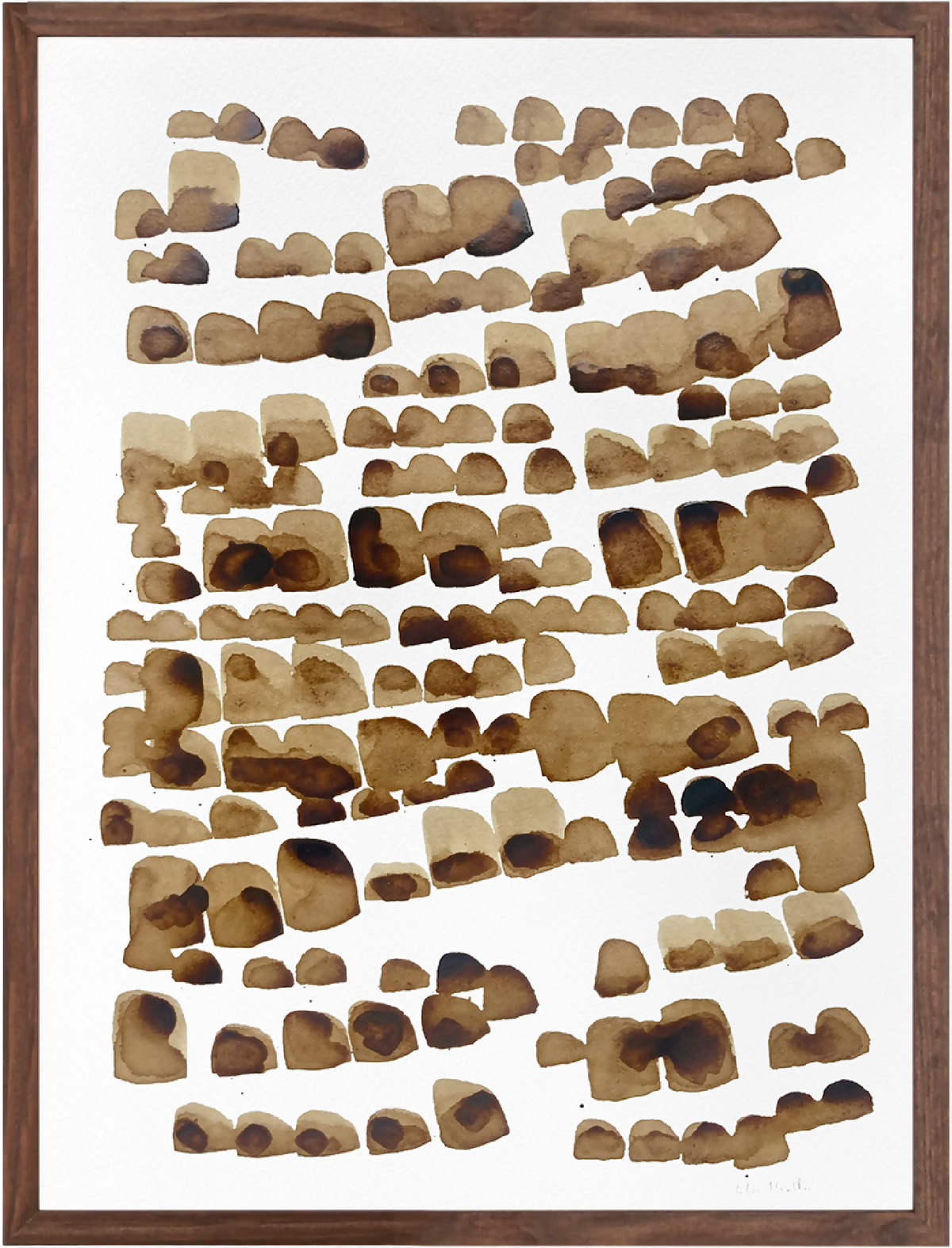 Peinture encadrée au café, composition de taches brunes et beige sur papier