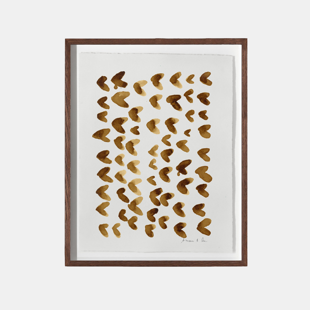Tableau abstrait encadré en bois brun, taches de café marron sur fond clair