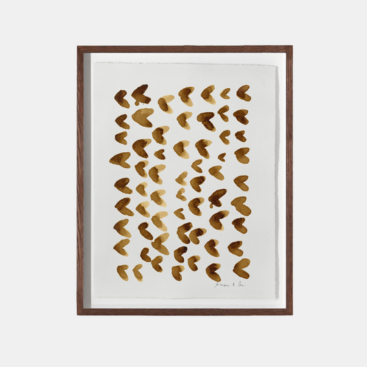Tableau abstrait encadré en bois brun, taches de café marron sur fond clair