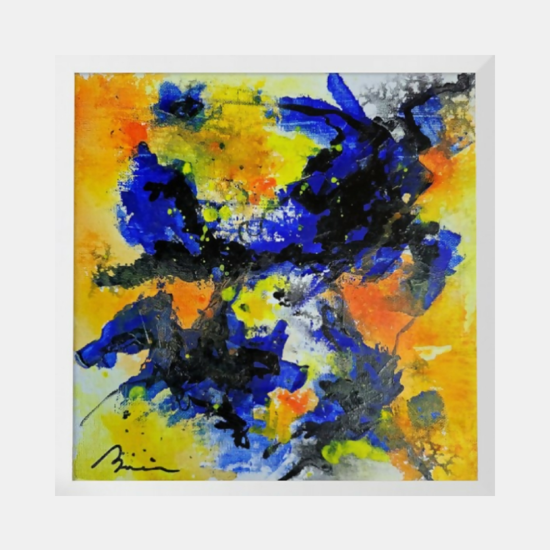 Toile abstraite Interstellaire, dégradés jaune et bleu, touches noires et orange