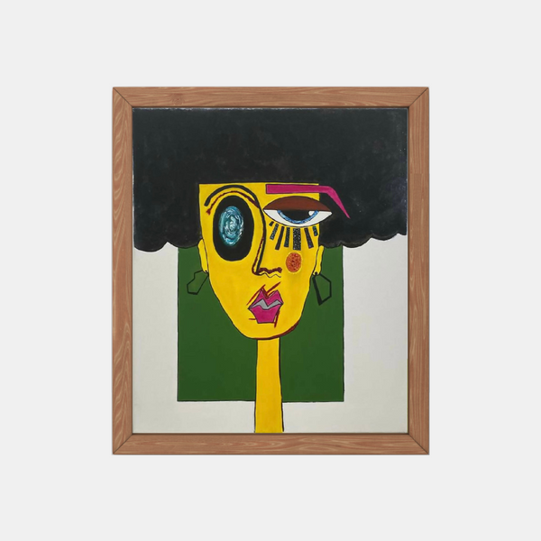 Peinture encadrée sur toile : portrait abstrait visage jaune, cheveux noirs, œil bleu.