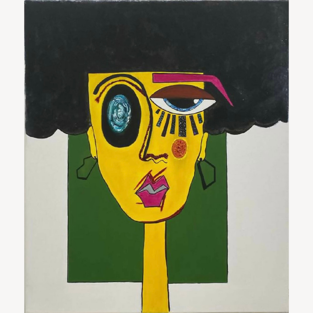 Peinture encadrée : portrait abstrait jaune avec œil bleu, cheveux noirs et traits roses.
