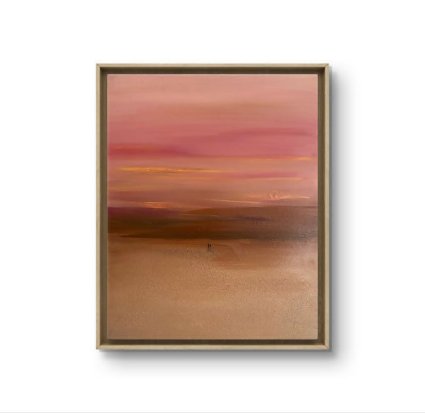 Tableau Côte Sauvage encadré, dégradé rose et sable avec horizon brumeux.