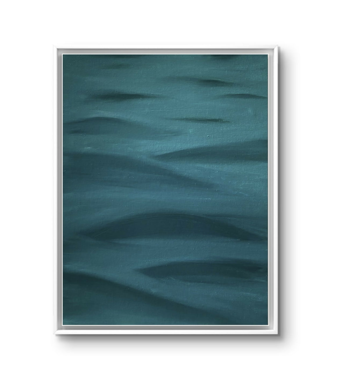 Toile abstraite encadrée, bleu-vert, texture de coups de pinceau visibles.