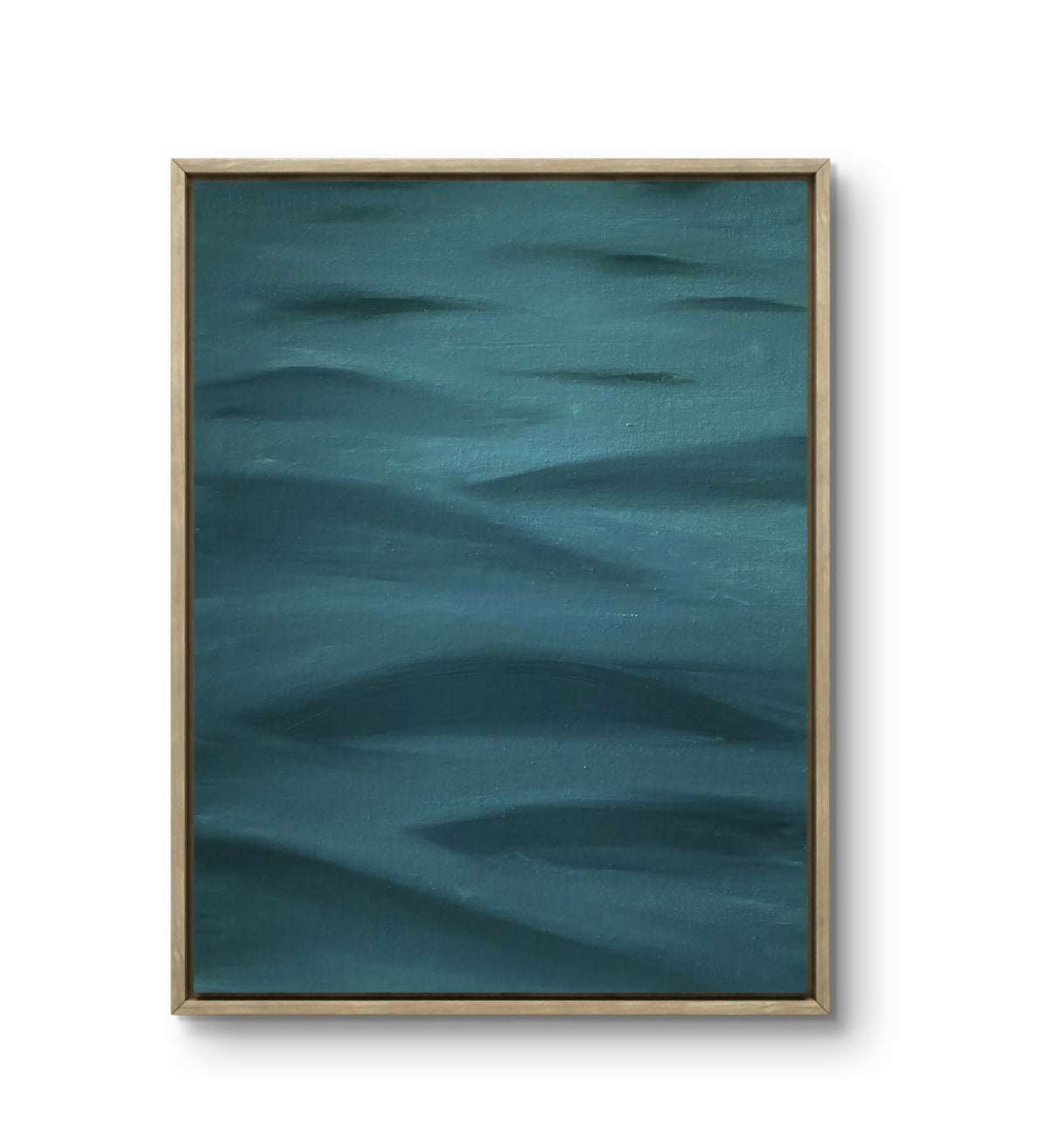 Toile abstraite encadrée, bleu-vert, cadre en bois clair, coups de pinceau.
