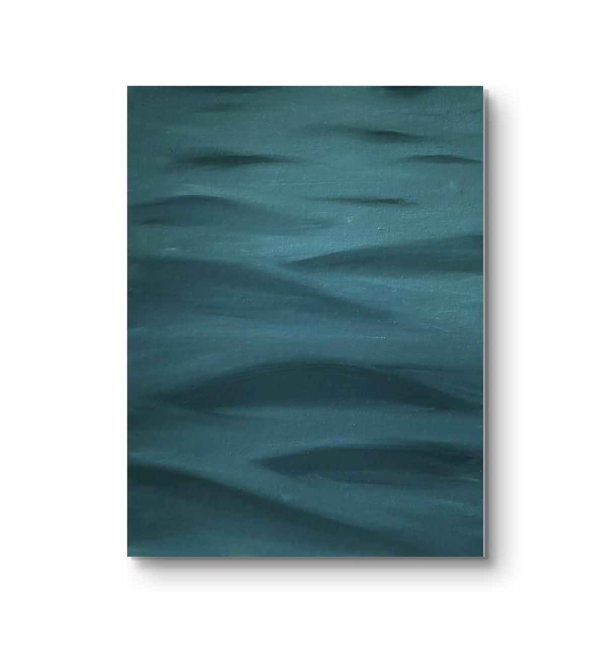 Toile abstraite bleu-vert, format vertical, texture ondulée de peinture.