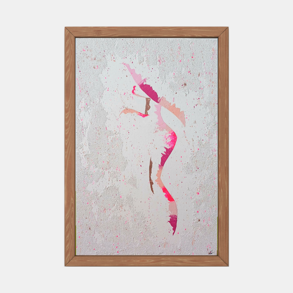 Tableau encadré : silhouette féminine à chapeau en rose, éclaboussures sur fond clair