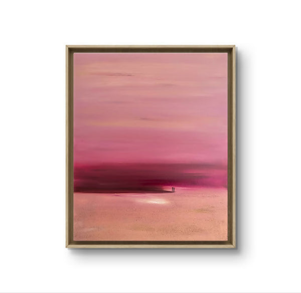 Tableau abstrait encadré bois, dégradé rose et bordeaux, horizon