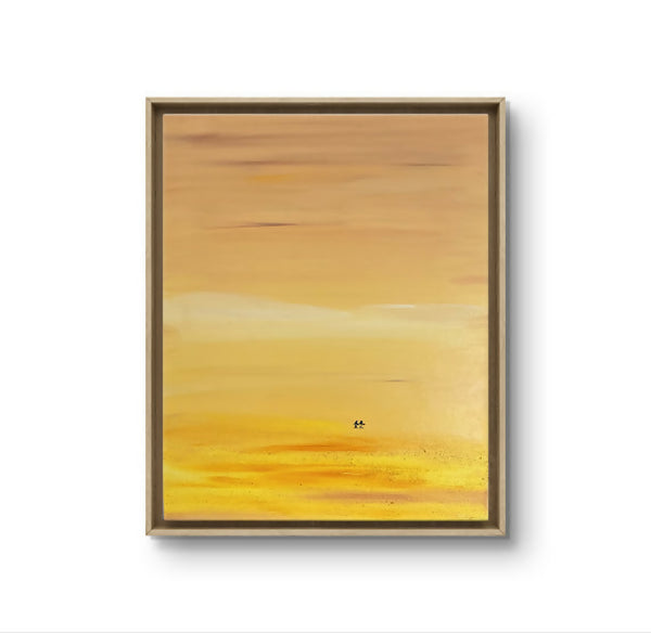 Tableau abstrait encadré, dégradé jaune et beige évoquant un rivage