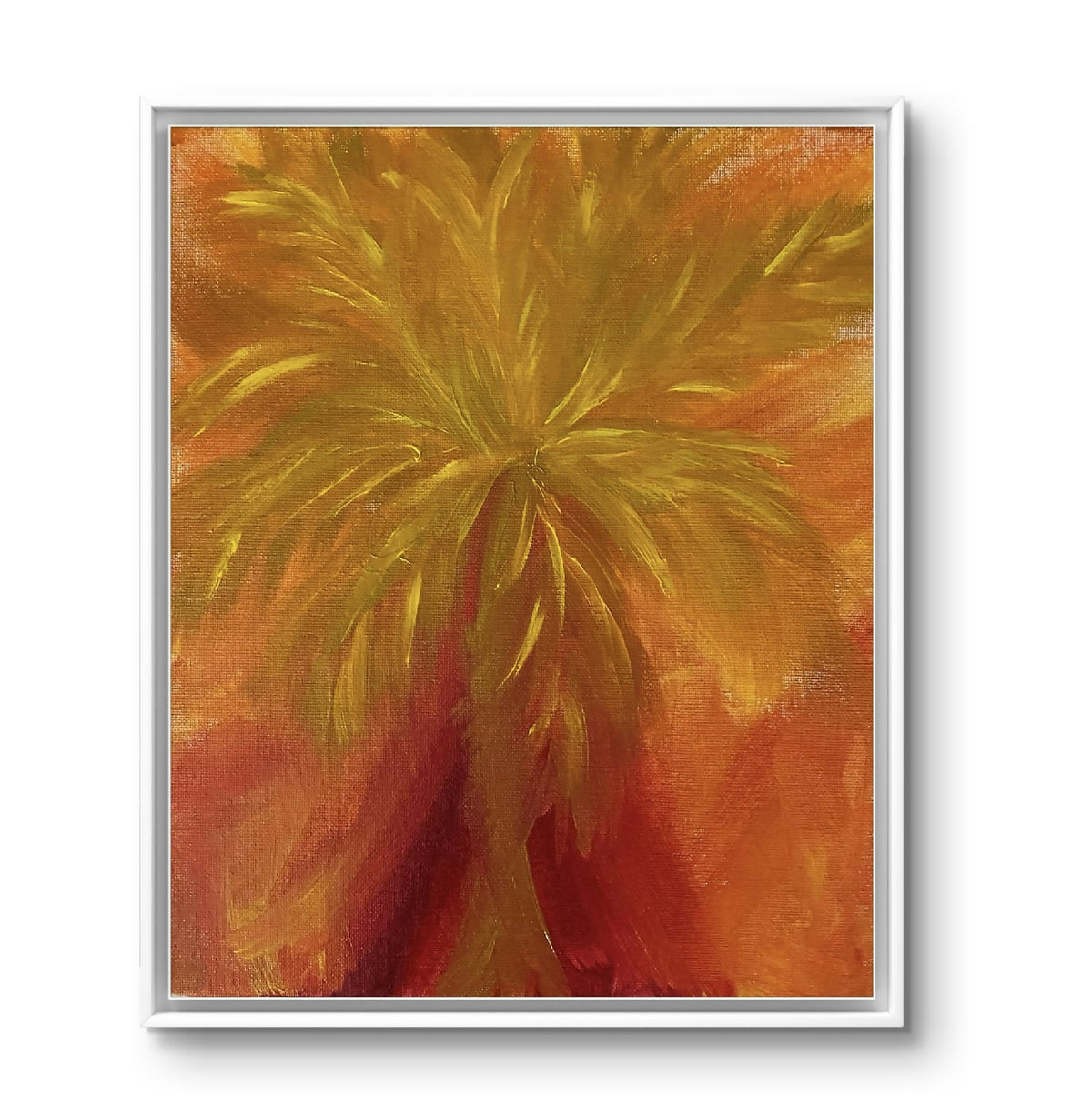 Tableau palmier tropical sur toile, couleurs ocre, jaune et rouge, encadrement argenté