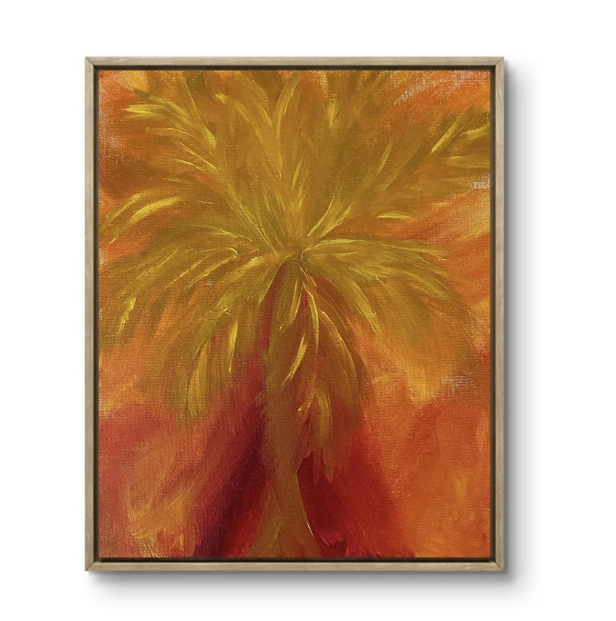 Tableau palmier tropical sur toile, jaune et rouge, encadrement brun