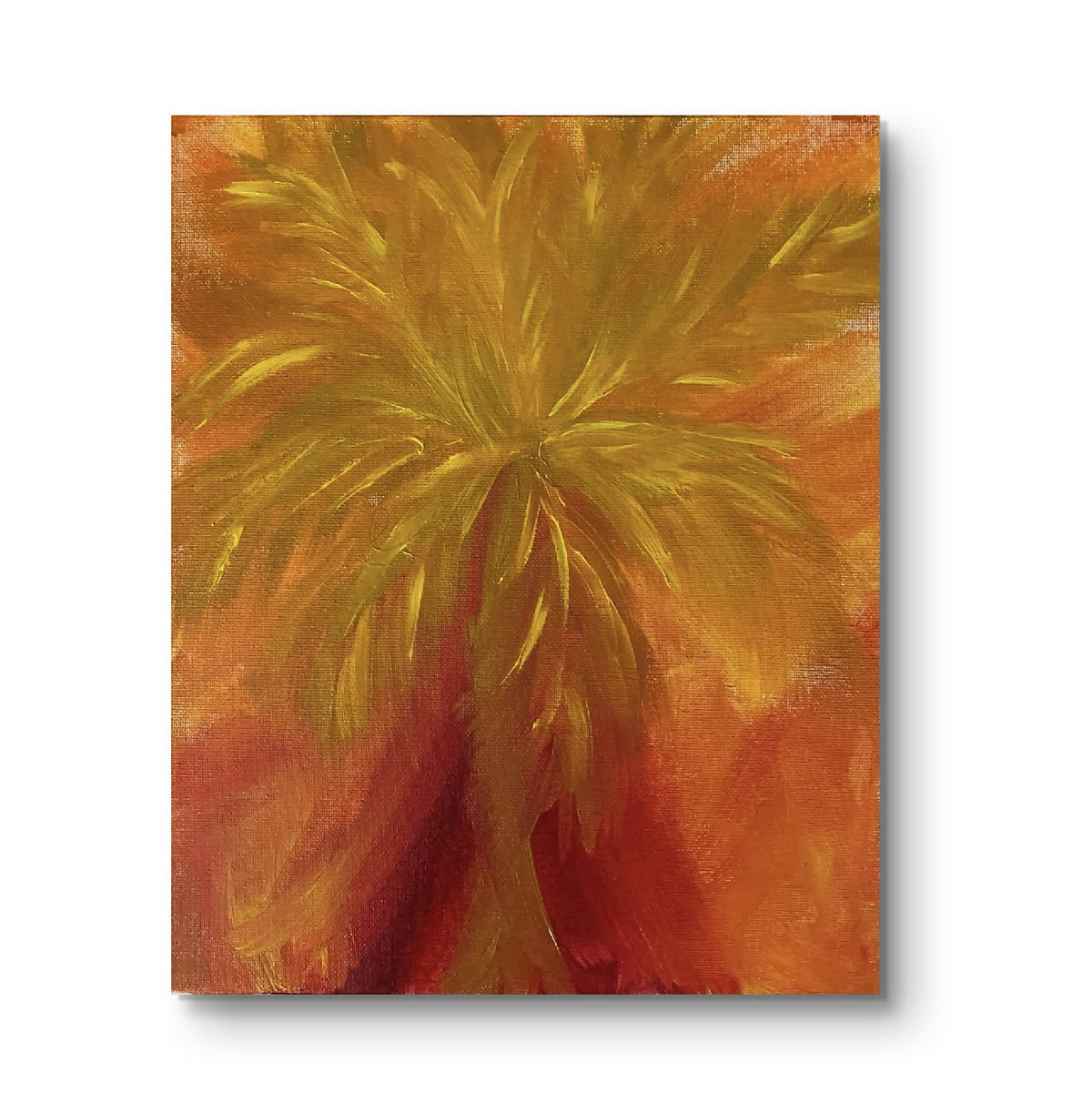 Toile tableau palmier tropical, fond ocre, feuilles jaunes et rouges, format carré