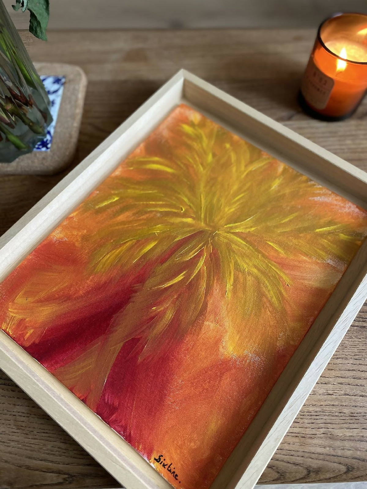 Tableau palmier tropical sur toile, bordure blanche, jaunes, rouges et ocre, coin signé