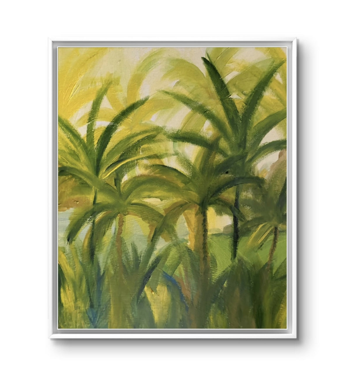 Tableau encadré de feuillage tropical vert et jaune, grandes palmes sur fond clair.