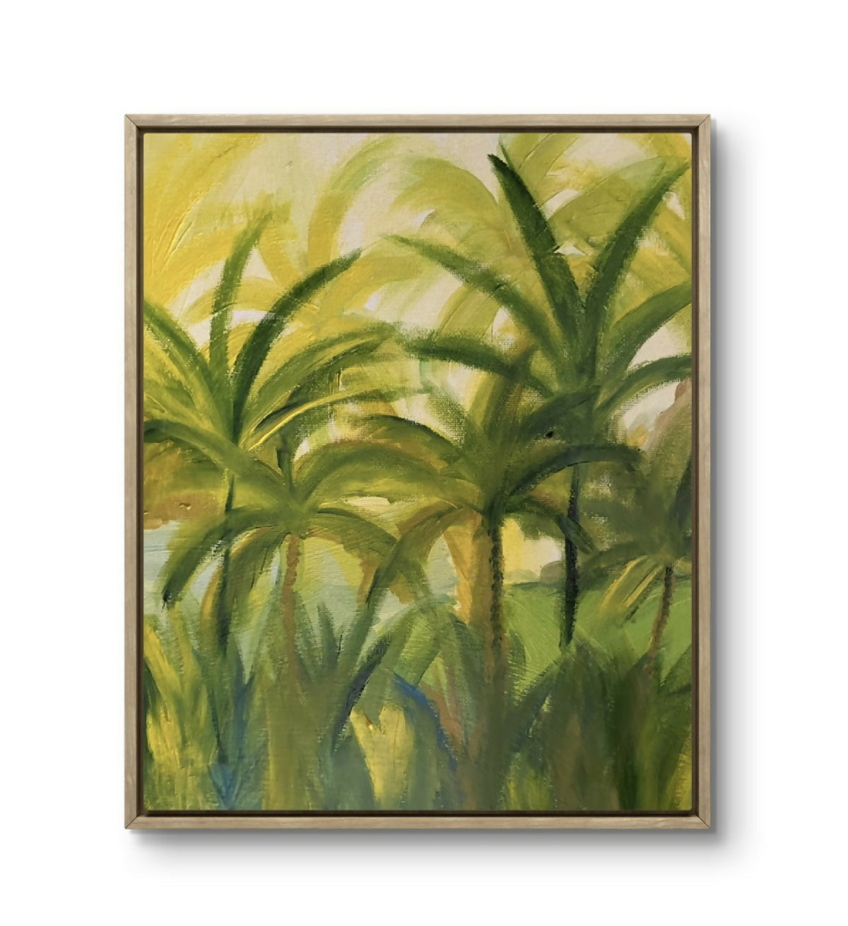 Tableau encadré de palmiers verts et jaunes, composition dense de feuilles tropicales.