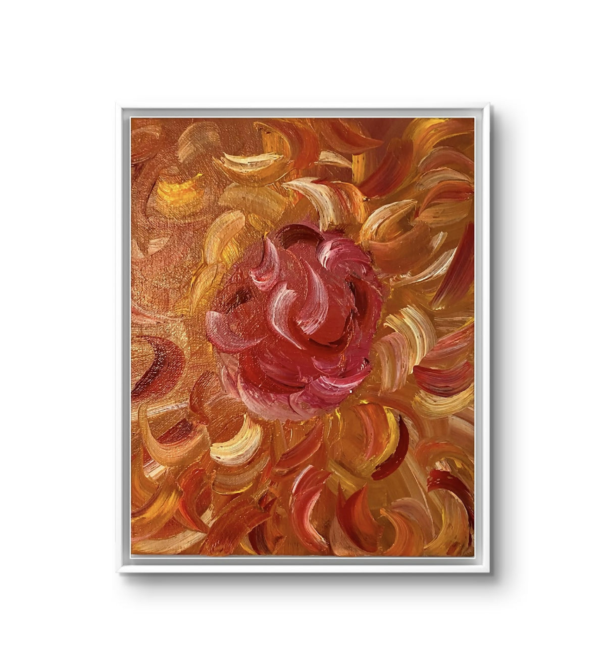 Tableau décoratif abstrait en peinture à fleurs, cadre argenté, tourbillon rose et orange.