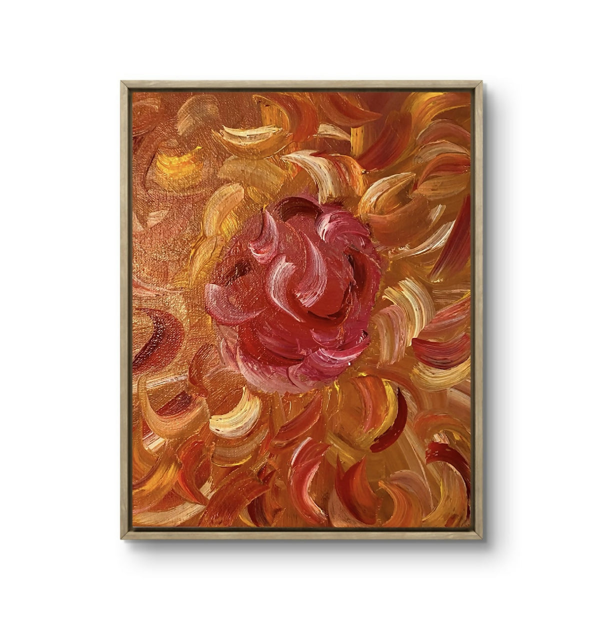 Tableau décoratif abstrait à fleurs, cadre doré, motif tourbillonnant rose et ocre.