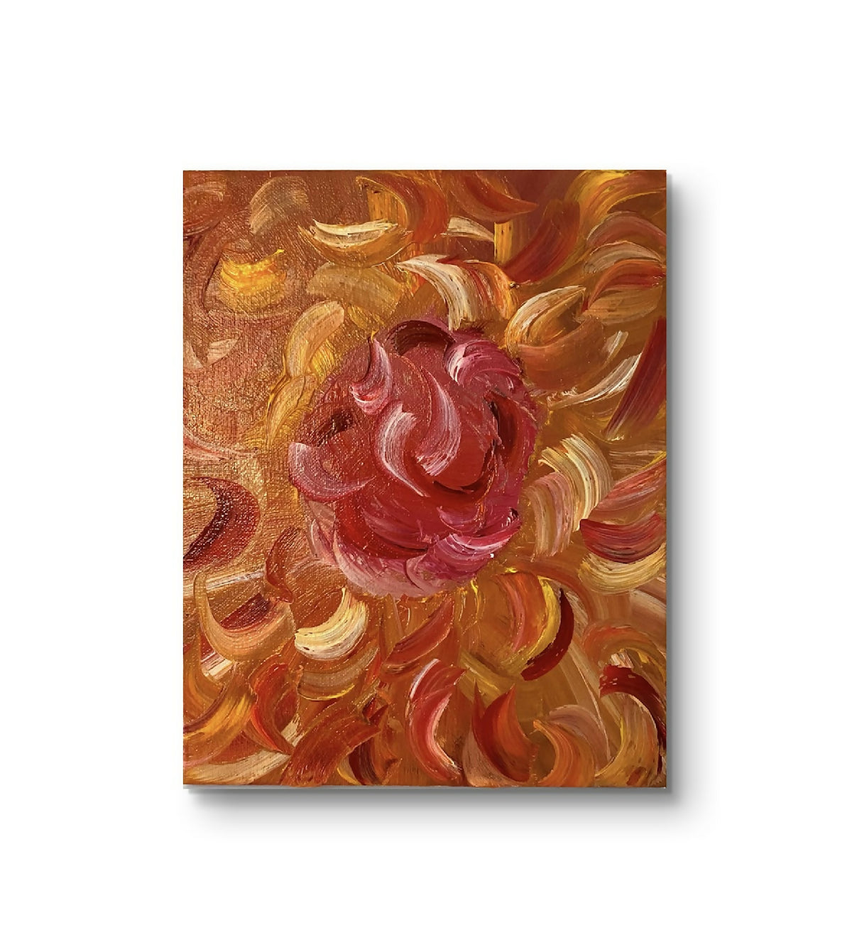 Tableau décoratif abstrait à fleurs, format carré, touches orange et rose vif.