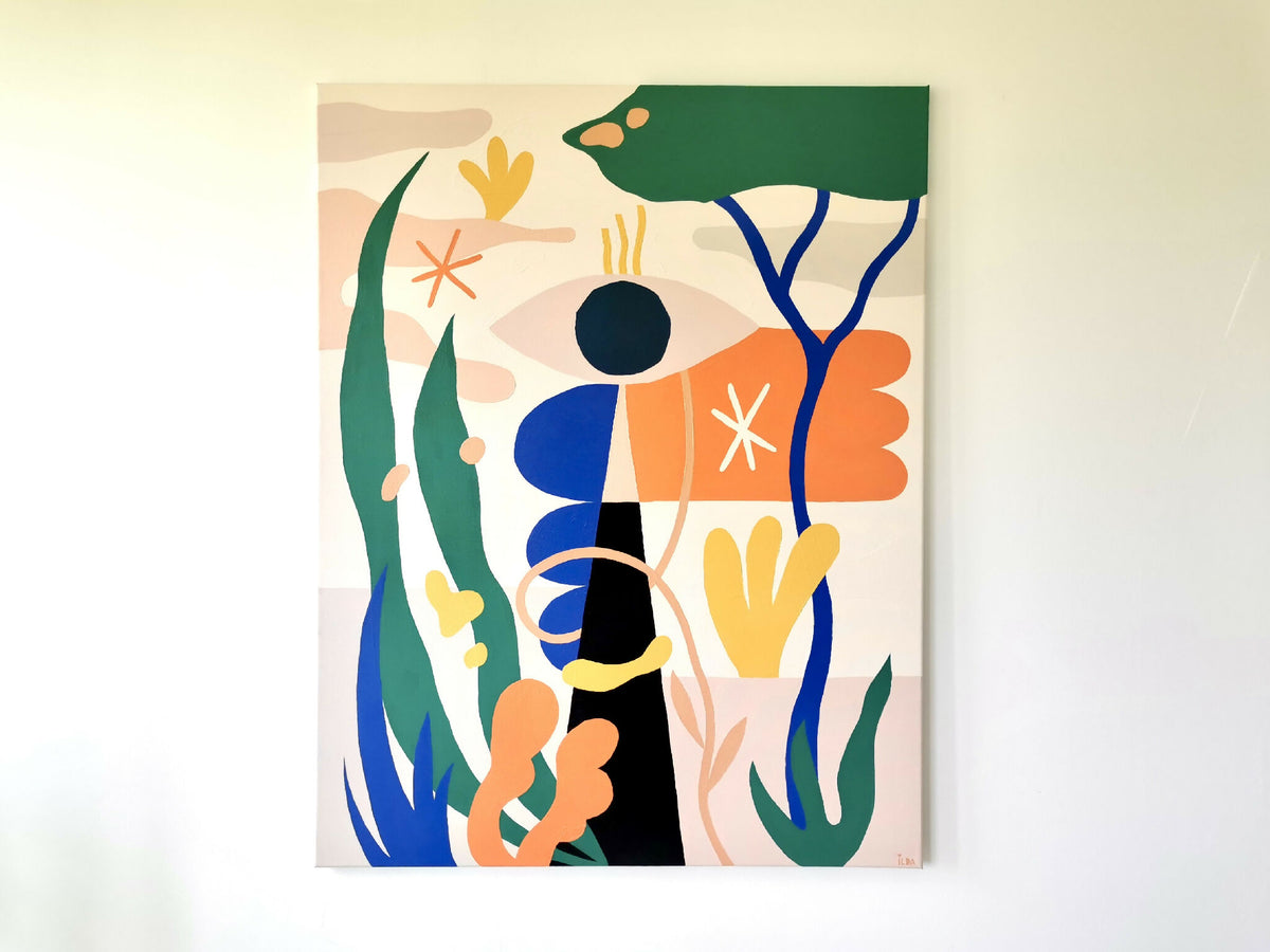 Peinture acrylique Nature Joyeuse : composition abstraite vert, bleu, orange sur toile.
