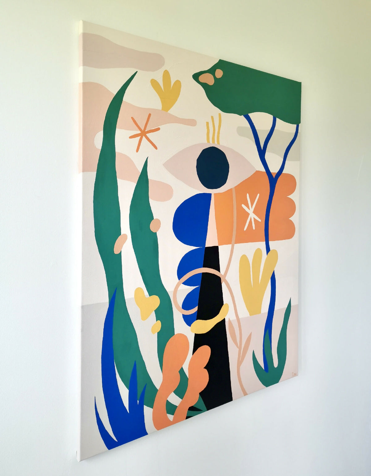 Peinture abstraite sur toile, formes végétales vert, bleu, orange et jaune.