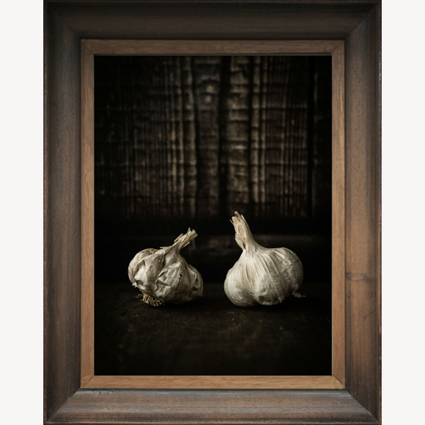 Tableau encadré d’ail : deux bulbes blancs, à gauche et à droite.