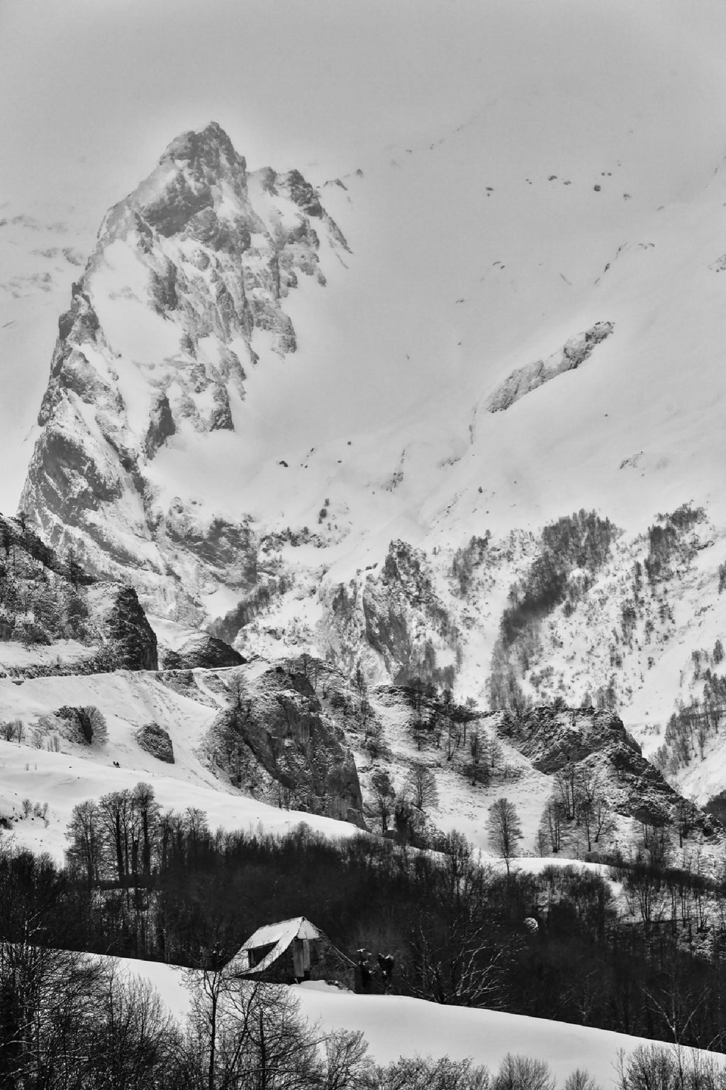 Photographie noir et blanc de montagnes enneigées, vallée avec maison sous la neige