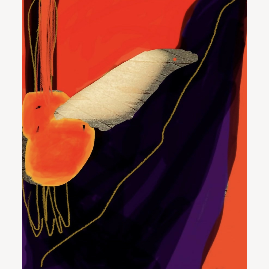 Photographie Sonia D. Instant Vivant : oiseau orange et tissu violet drapé