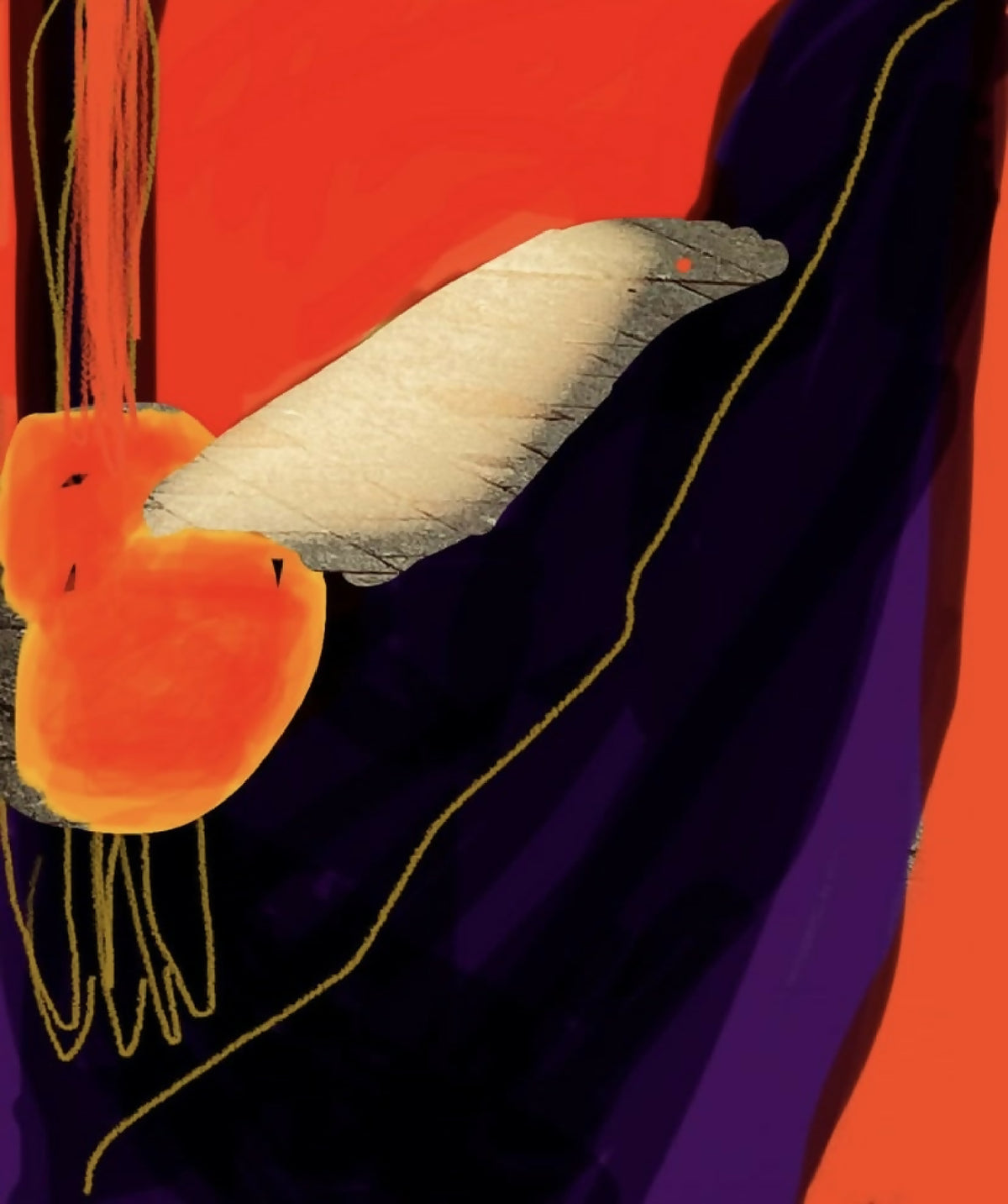 Photographie d’une scène : tissu violet drapé avec bordure dorée et oiseau orange